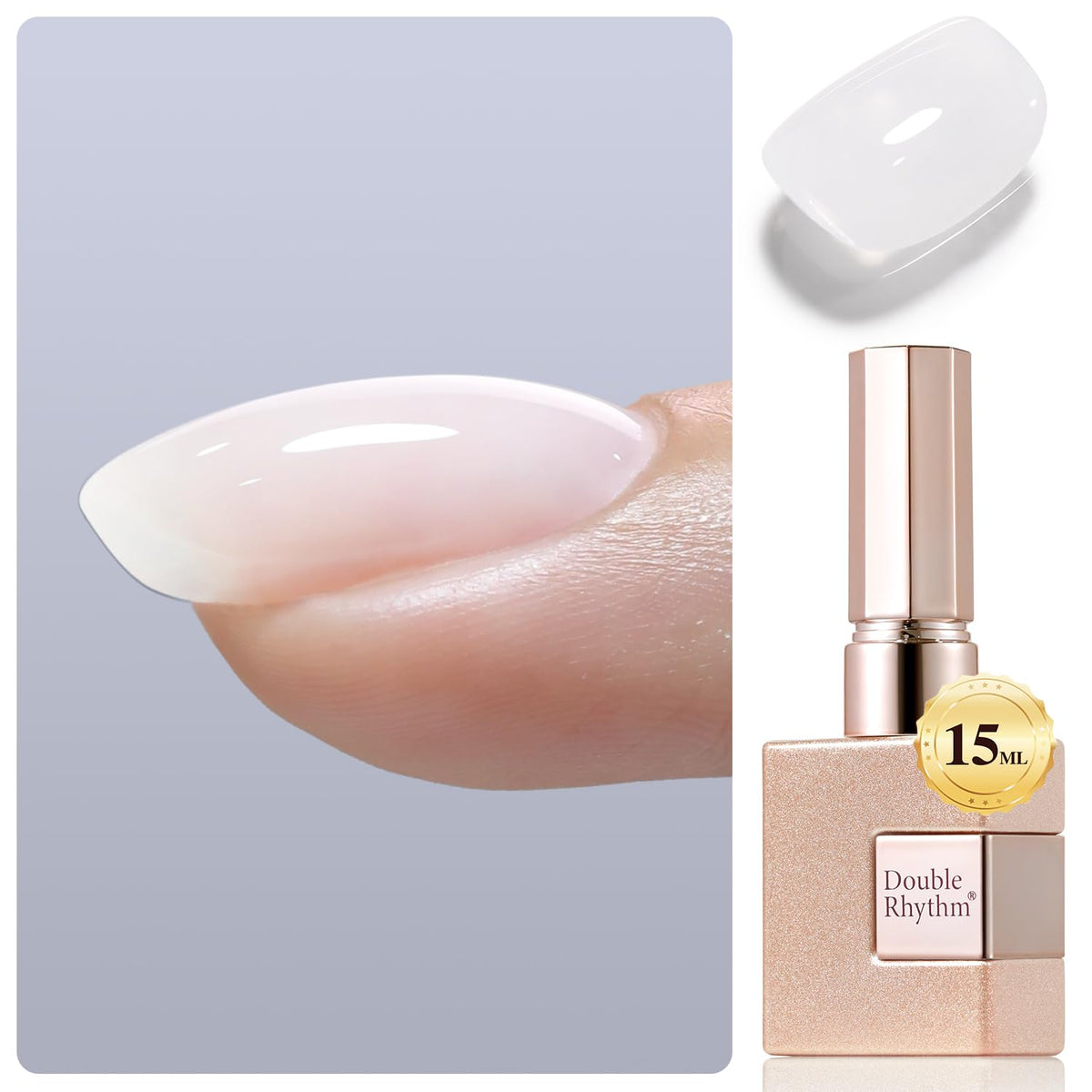 Double Rhythm front bottle shot showing milky white gel and clear label benefit
