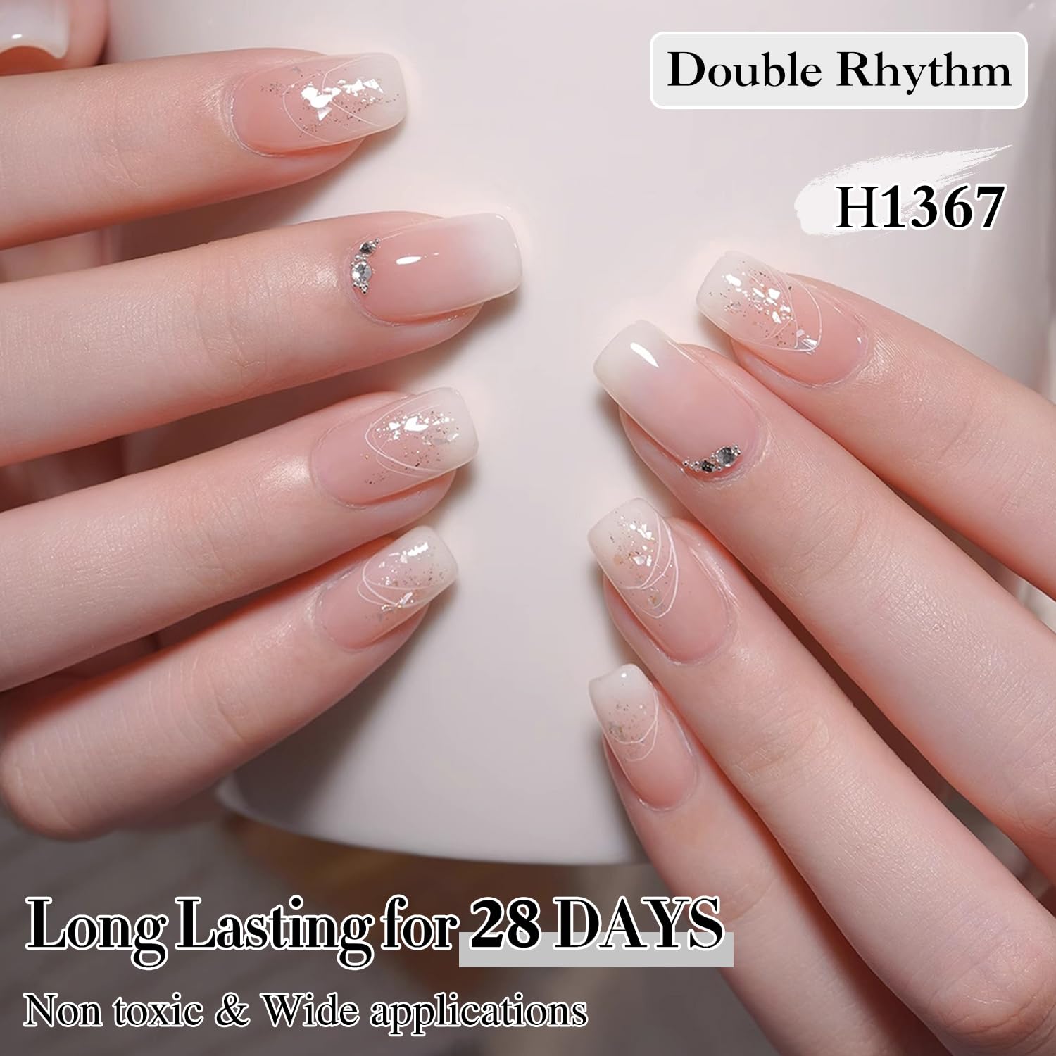 Double Rhythm lifestyle cozy manicure scene showing finished nails and salon-quality shine
