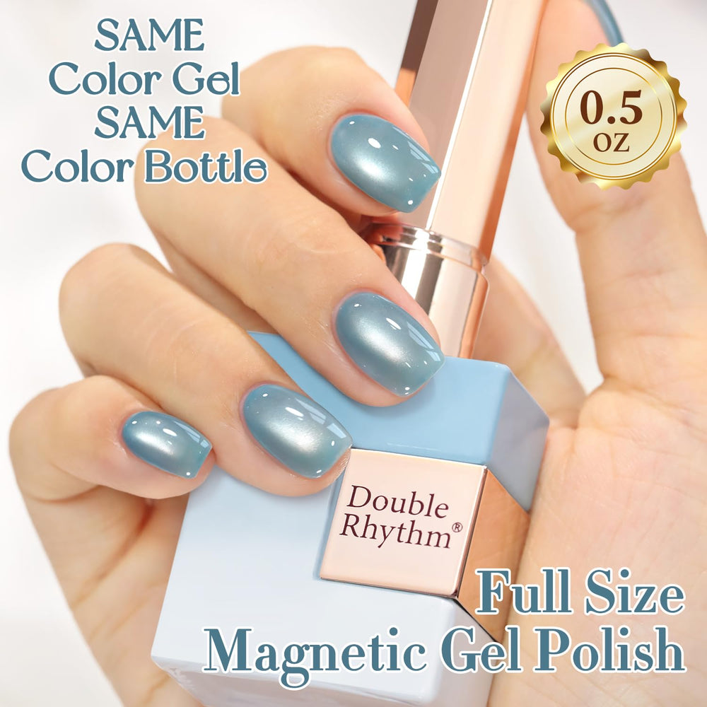 Magnet held above Double Rhythm Mist Blue creating cat-eye stripe for dramatic effect