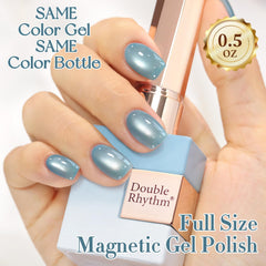 Magnet held above Double Rhythm Mist Blue creating cat-eye stripe for dramatic effect