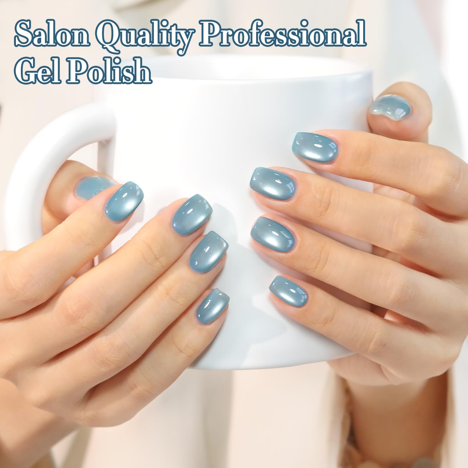Hands model with Mist Blue manicure demonstrating Double Rhythm wearable salon look