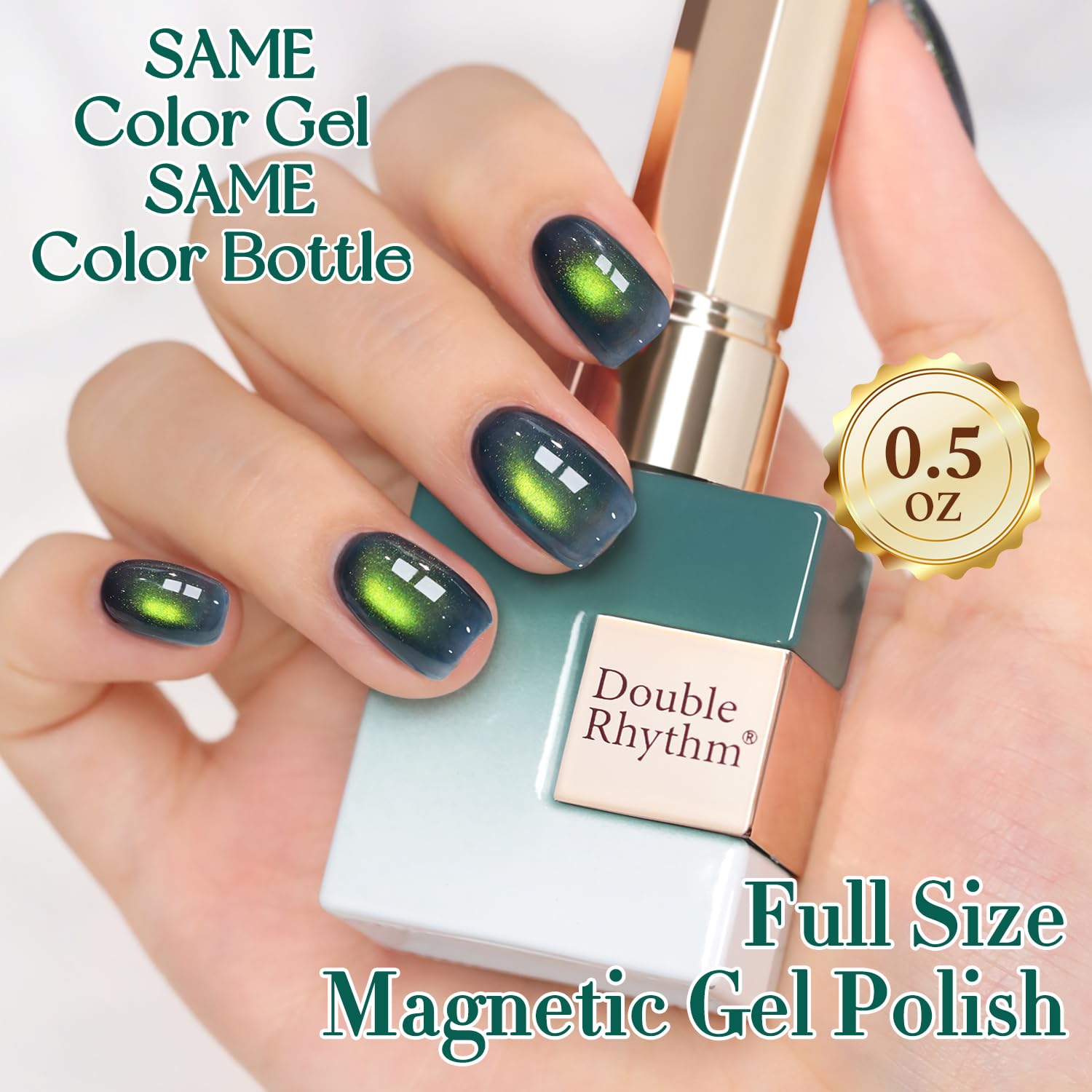 Double Rhythm polished nail in use displaying glossy dark green holographic finish