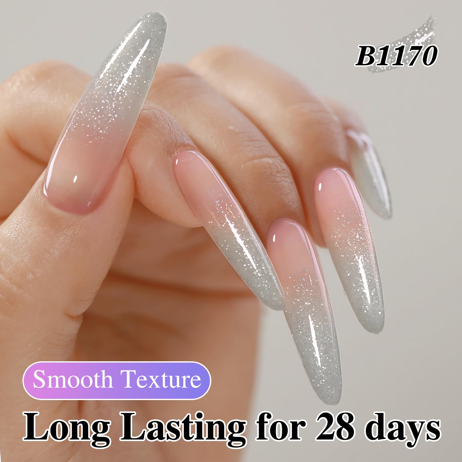 Full manicure finished with Double Rhythm glitter gel delivering durable shine