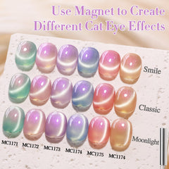 Double Rhythm finished nails on dark base showing vivid cat-eye contrast