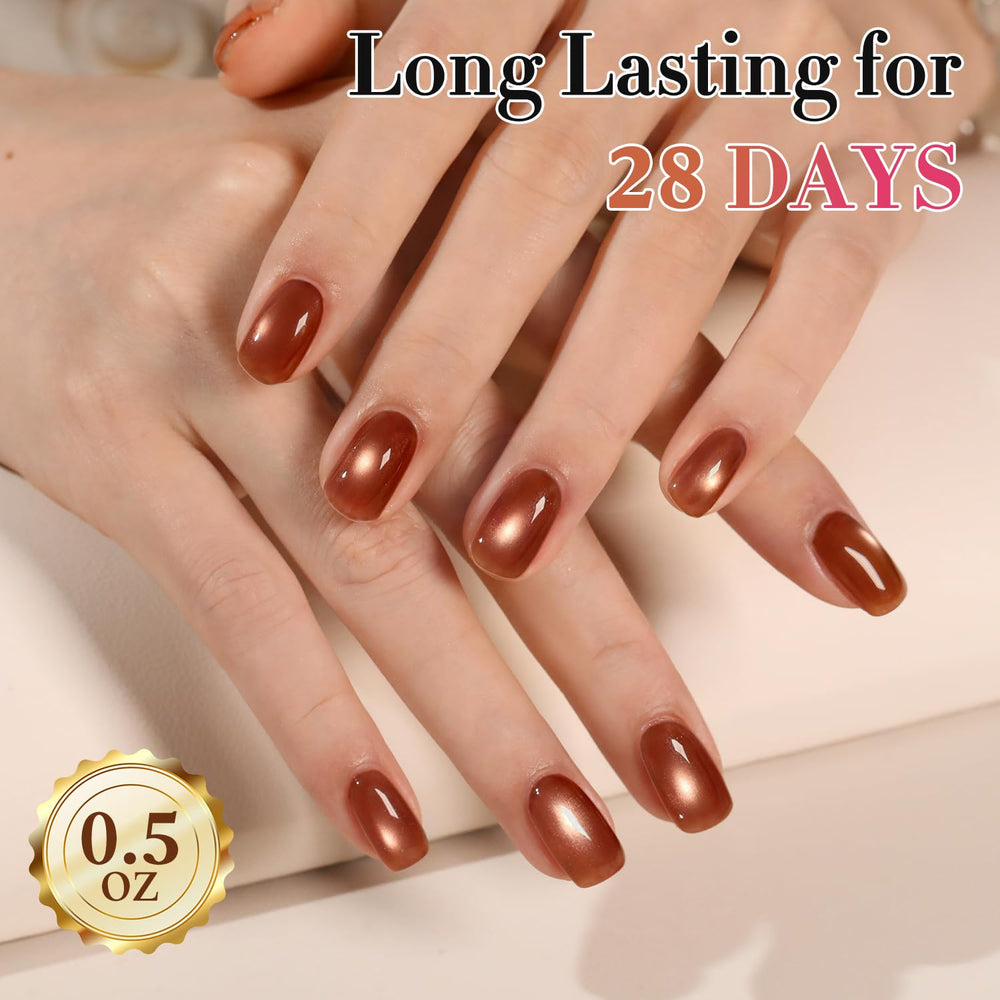 Double Rhythm nail swatch fan showing finished holographic brown shades for color choice