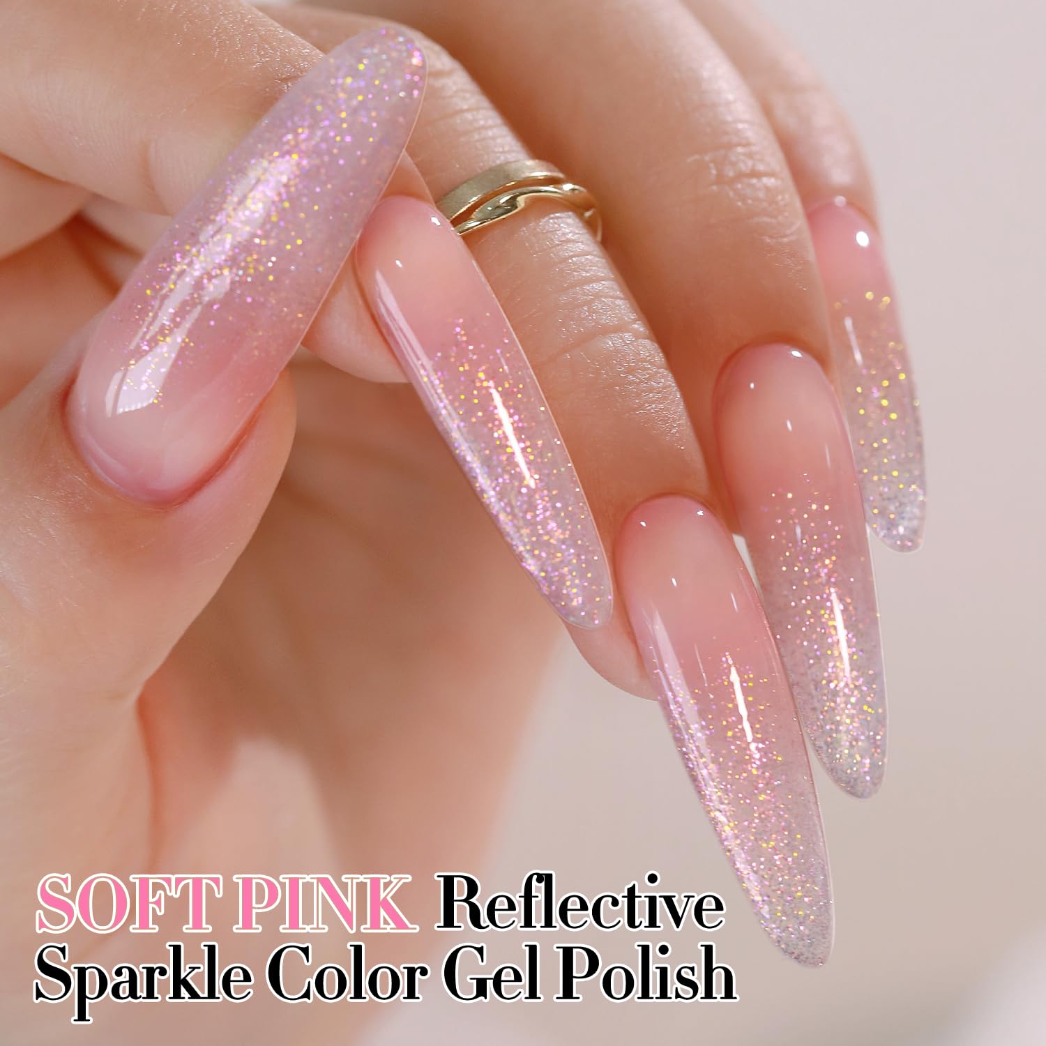 Double Rhythm nail swatch on a model hand showing reflective pink finish and wear benefit