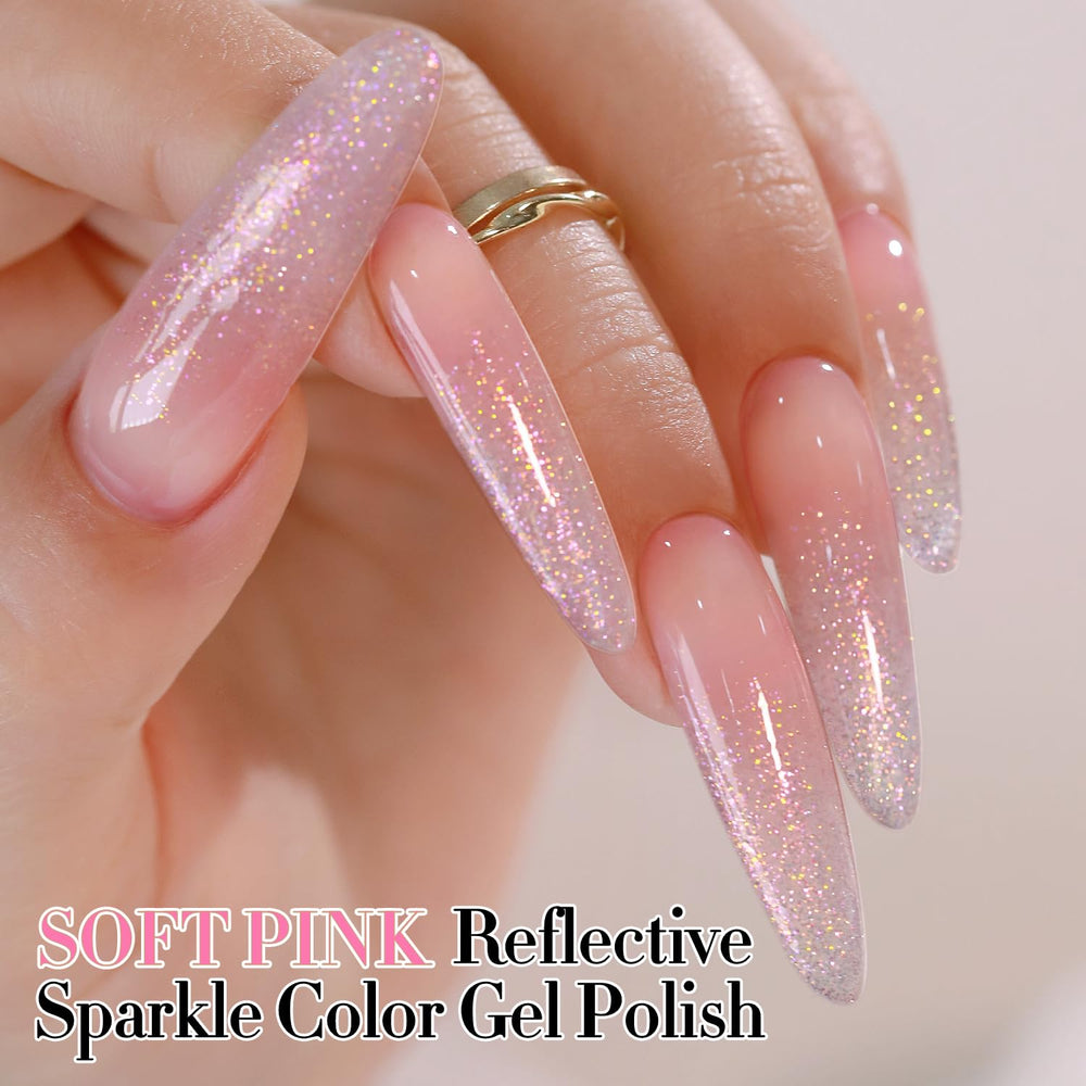 Double Rhythm nail swatch on a model hand showing reflective pink finish and wear benefit