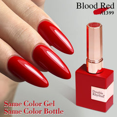 Double Rhythm nail swatch on hand model illustrating salon-grade red shine