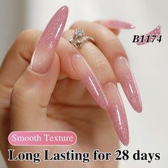 Double Rhythm swatch on a model hand showing reflective pink shimmer for wearable sparkle