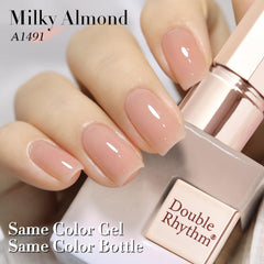 Double Rhythm painted almond nails in use showing natural look and shine