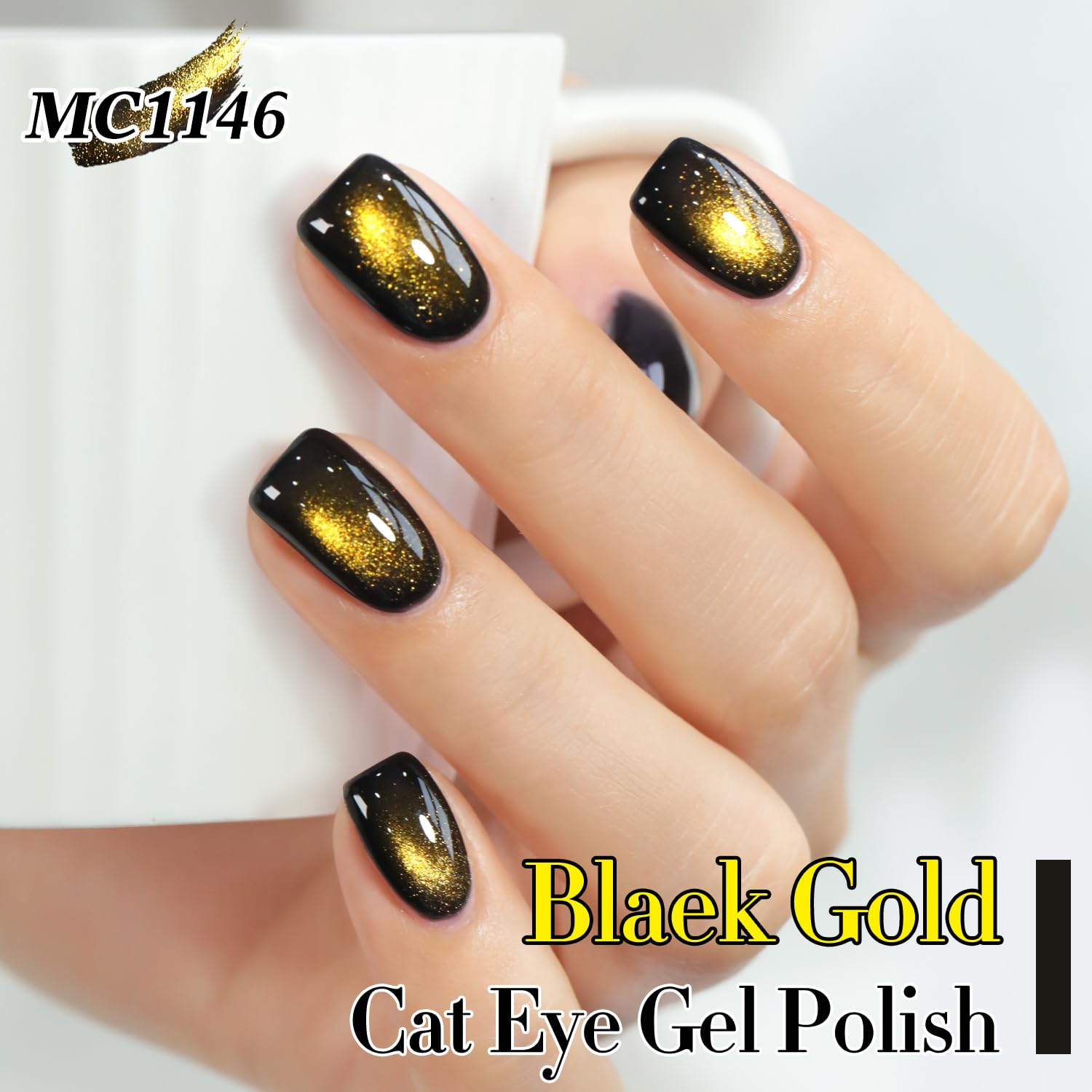 Double Rhythm finished nails in black gold showing salon-quality magnetic shimmer