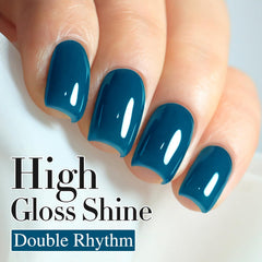 Double Rhythm nails painted Pure Sheer Blue on hand showing salon-quality shine