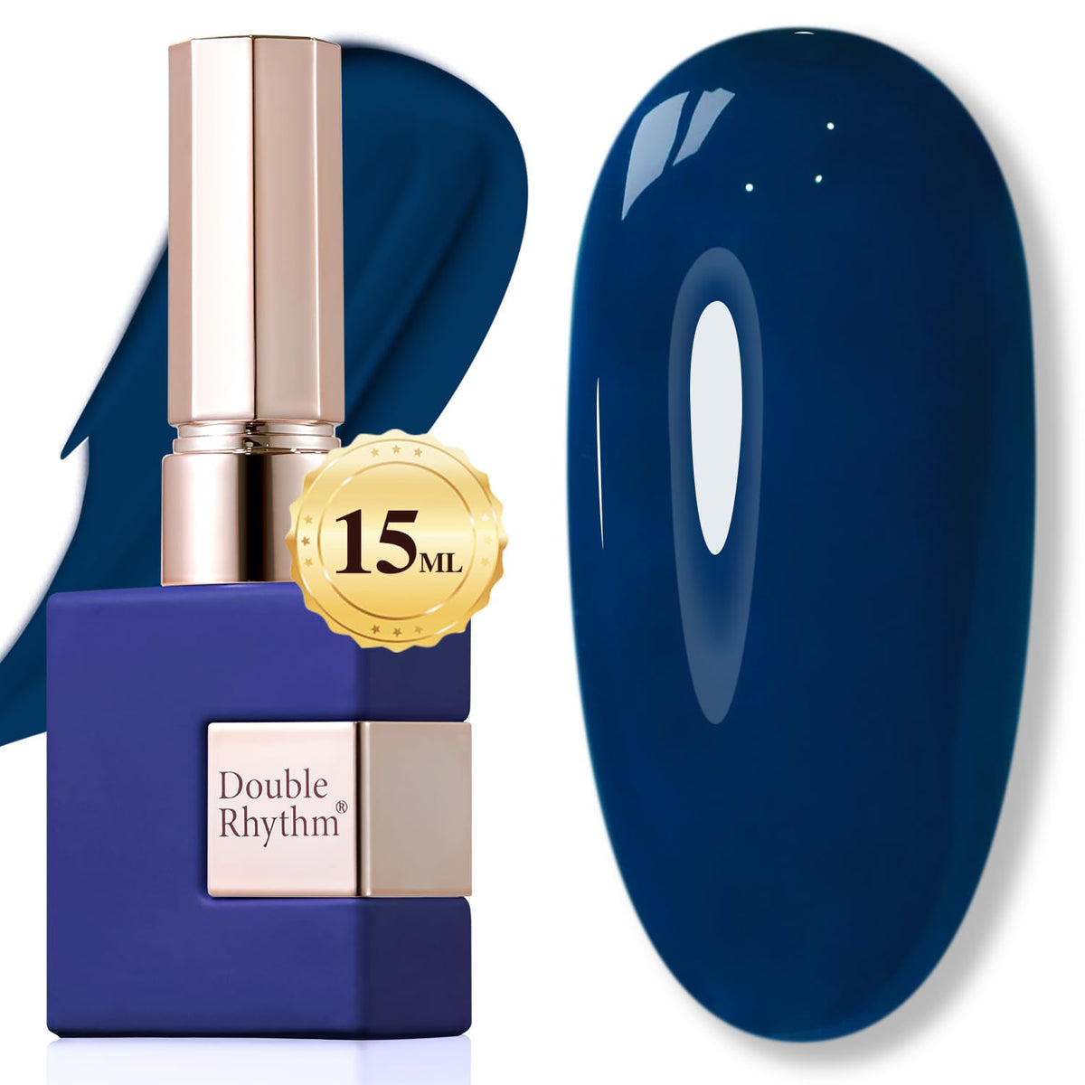 Double Rhythm front bottle showing navy blue milky jelly color and benefit: buildable translucency
