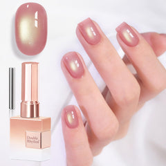 Double Rhythm bottle front view showing Nude Peach gel polish, clear label and 15ml size for easy selection