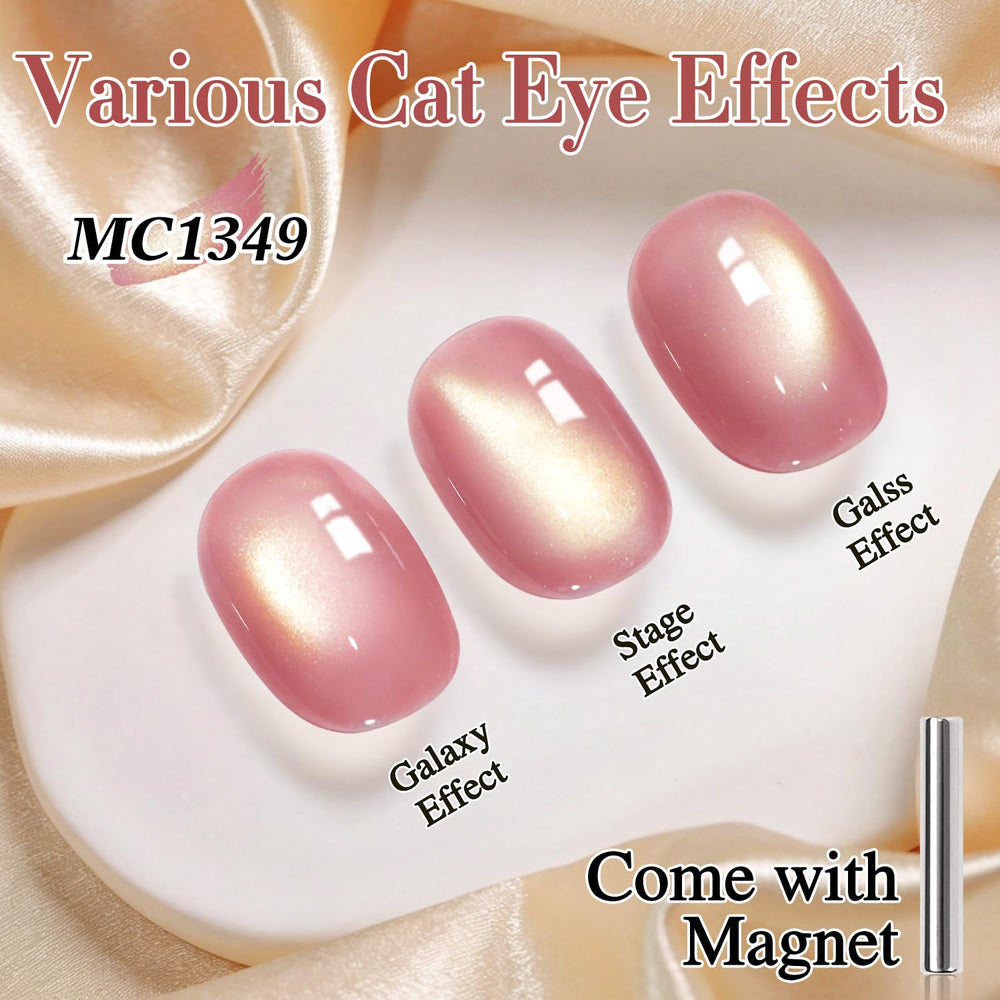 Double Rhythm on model’s nails with Nude Peach cat eye finish, showing salon-quality holographic shimmer