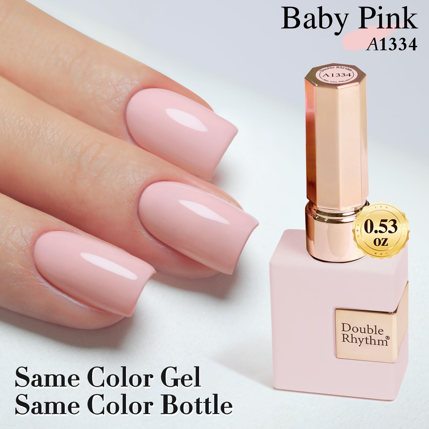 Hand model wearing Double Rhythm baby pink nails showcasing wearable, professional finish