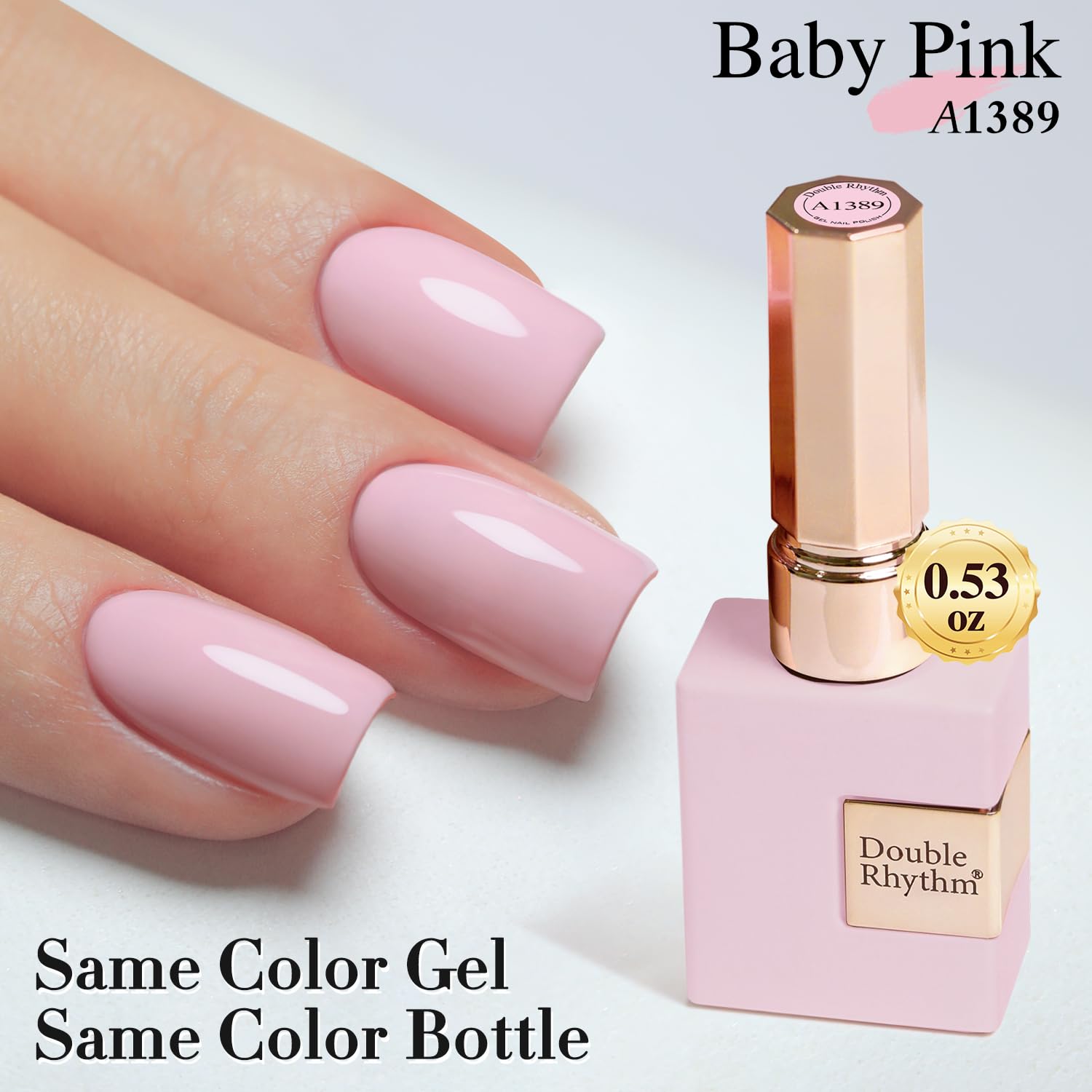 Double Rhythm nail swatch on finger shows true A1389 shade for color decision