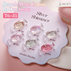 Double Rhythm on-nail swatch displaying reflective silver shimmer and wearable look