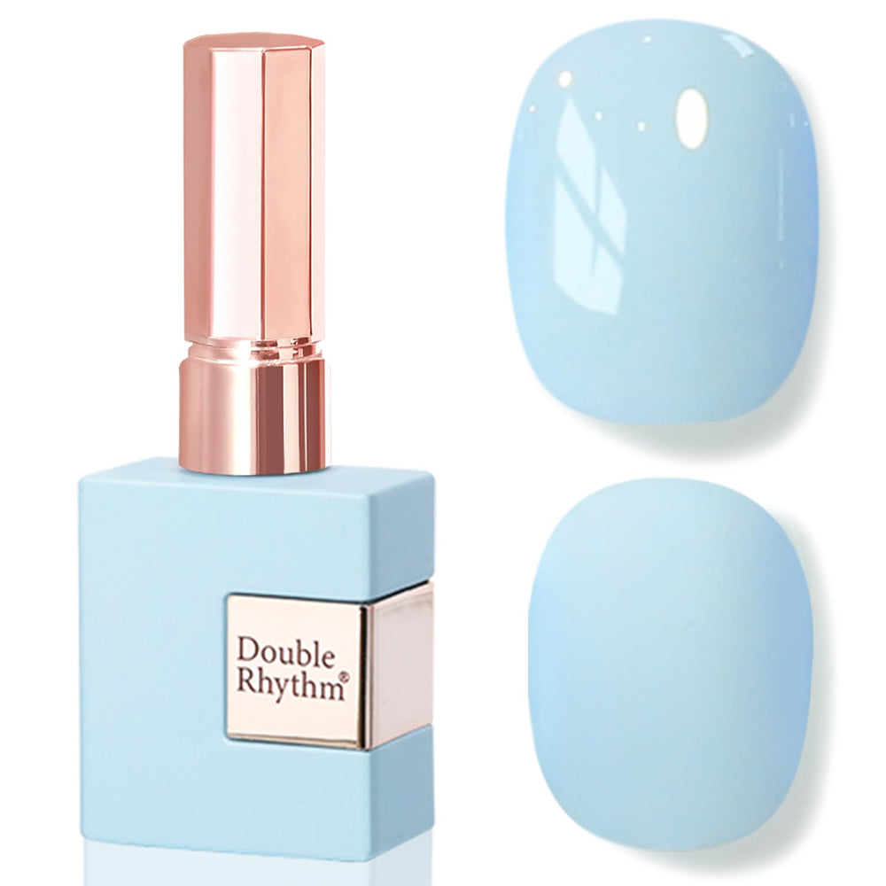 Double Rhythm bottle front view showing pale blue translucent tint and accurate color representation