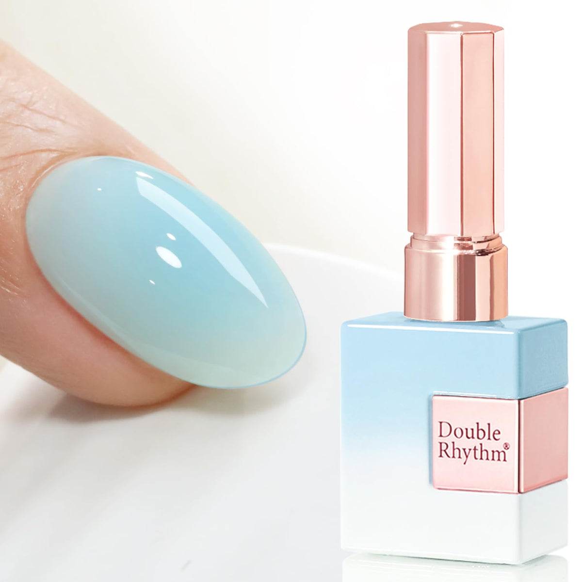 Double Rhythm front bottle showing pale blue color and label, durable builder gel benefit