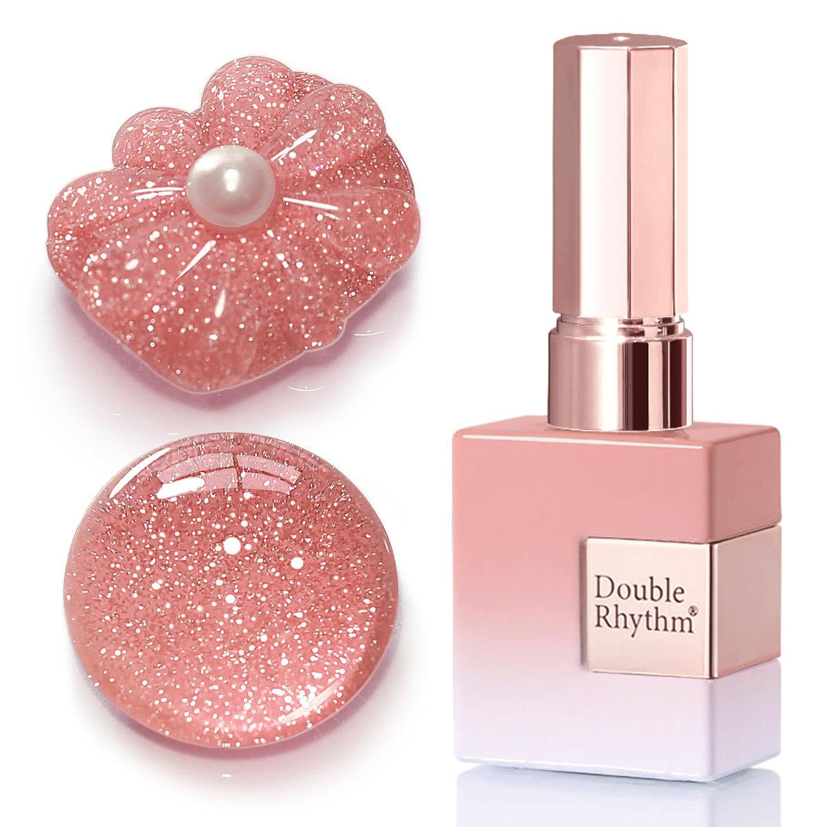 Double Rhythm front bottle view showing peach pink shimmer and easy handling