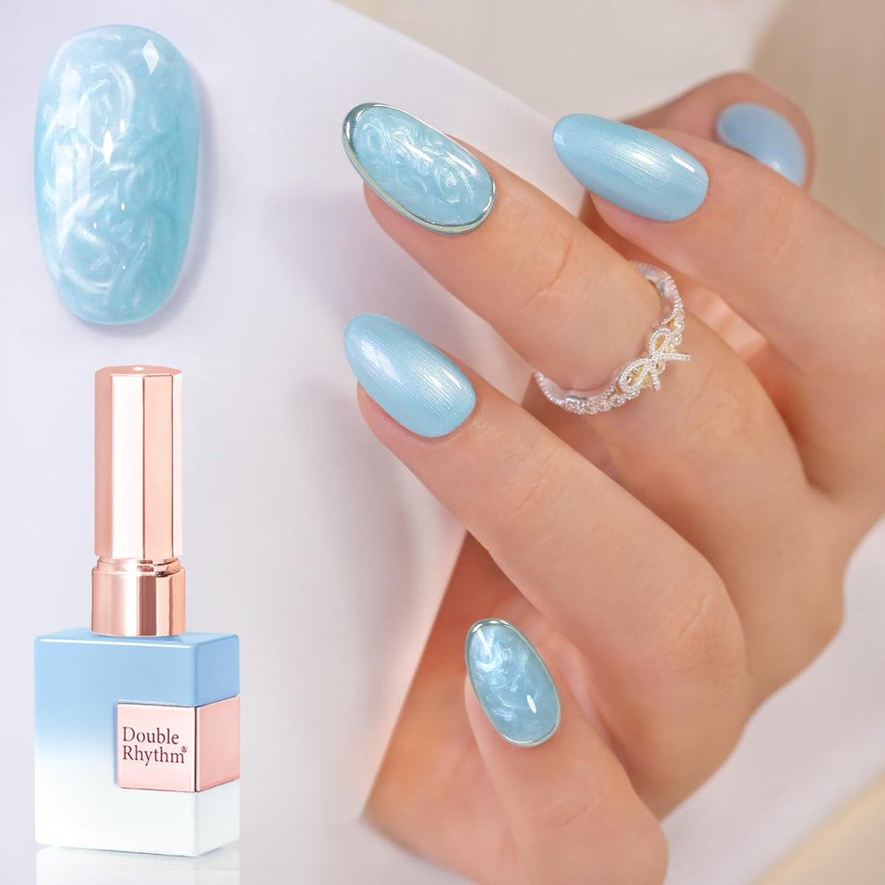 Double Rhythm front bottle view showing pearl blue shade and clear label benefit