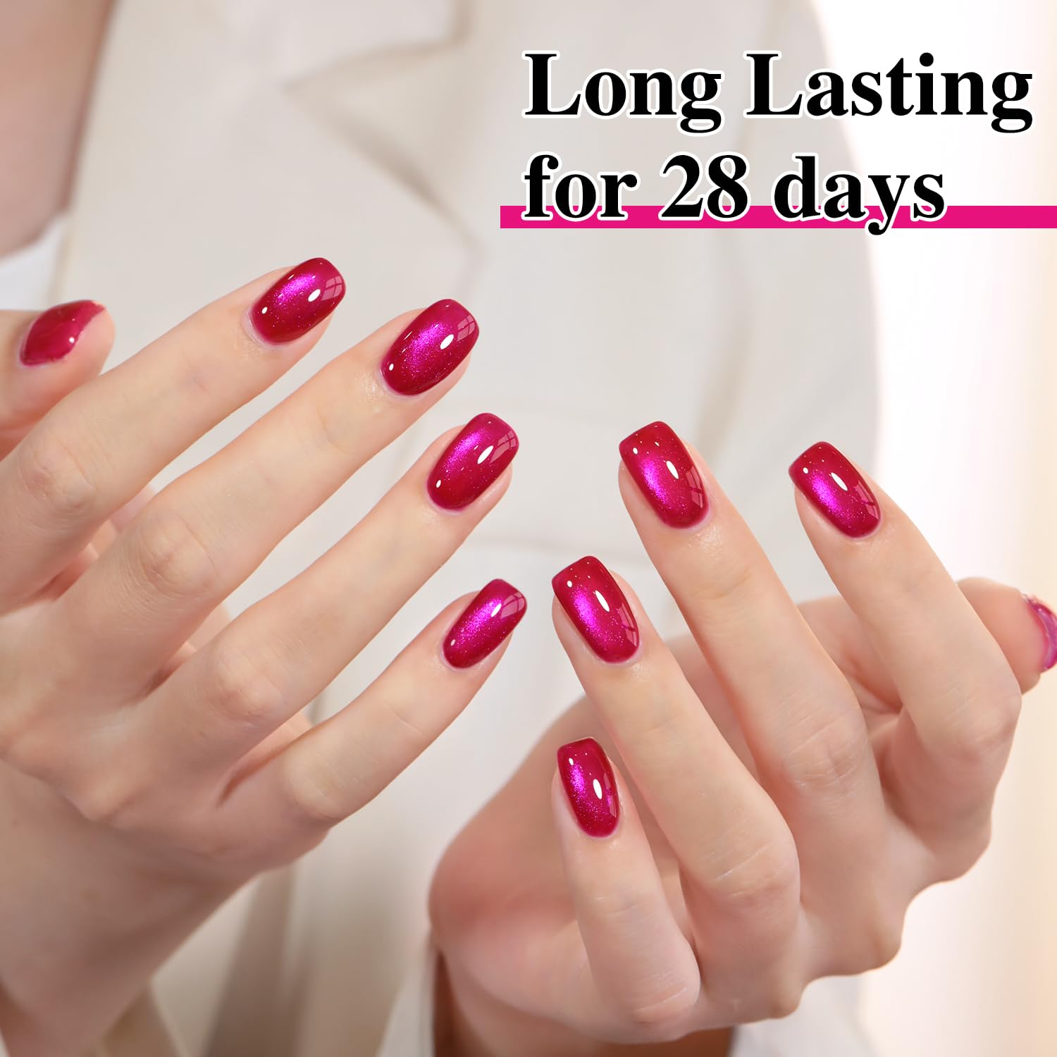 Double Rhythm magnet held over nail during application, benefit: creates defined cat-eye stripe