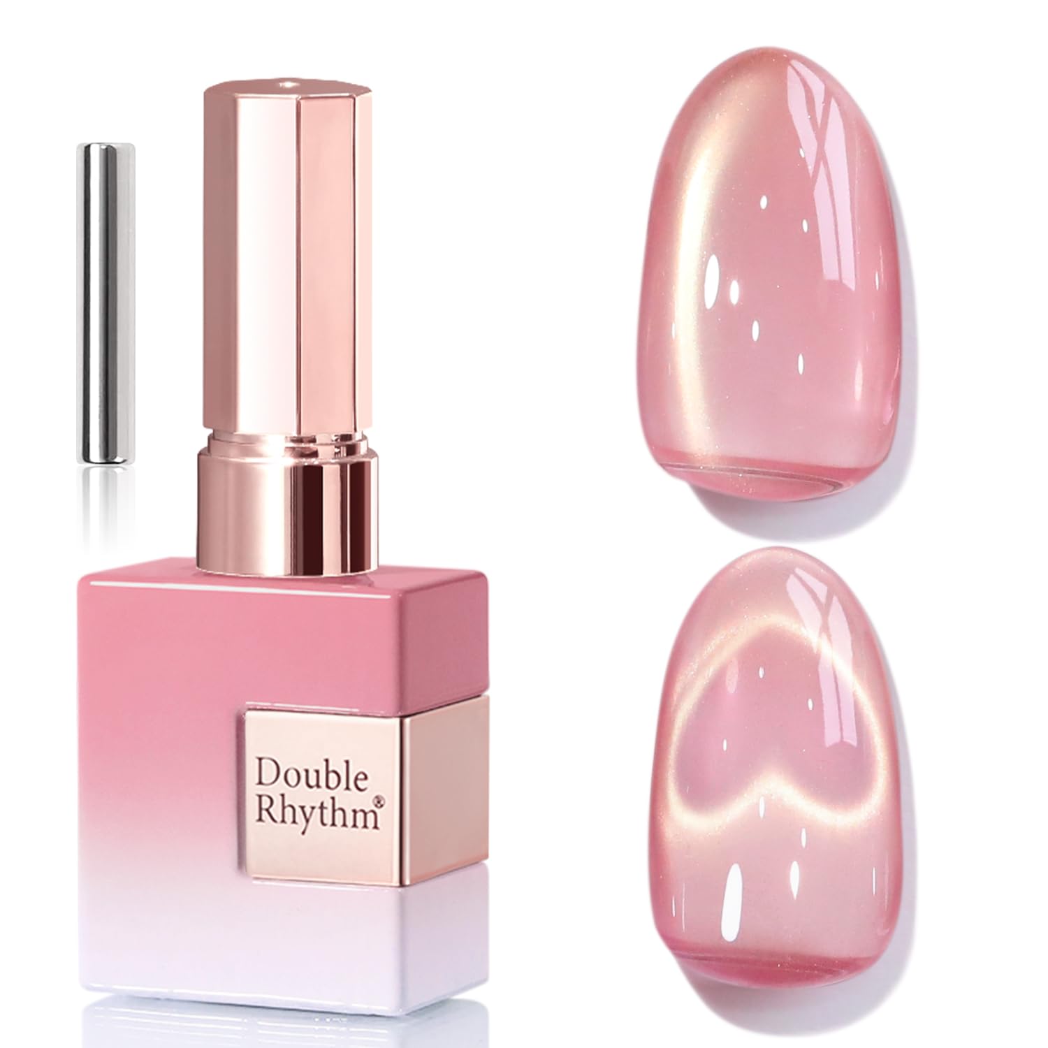 Double Rhythm bottle front view showing plum pink holographic color and benefit sheen