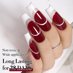 Double Rhythm polished manicure lifestyle shot showing elegant burgundy nails suited for events
