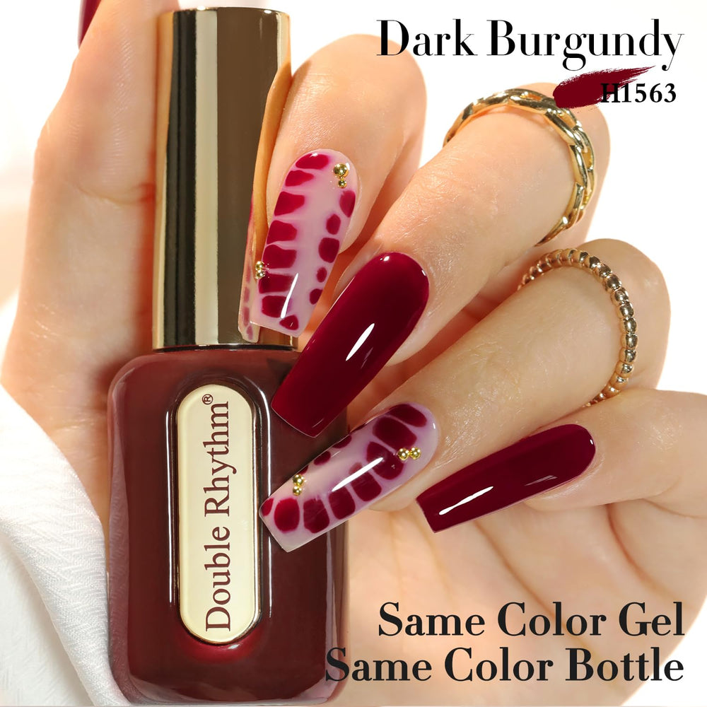 Double Rhythm polished nails in use demonstrating rich burgundy color and long-lasting shine