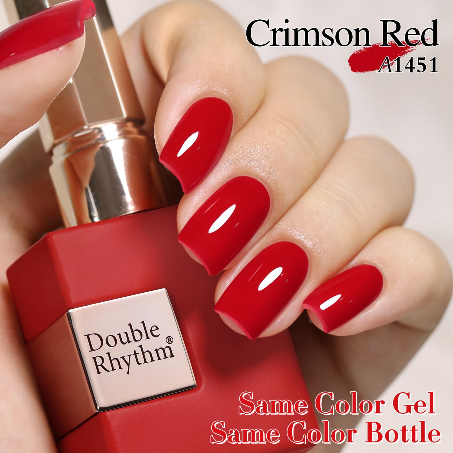 Double Rhythm cured red coral gel on nails close-up showing durable glossy finish