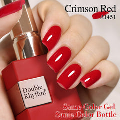 Double Rhythm cured red coral gel on nails close-up showing durable glossy finish