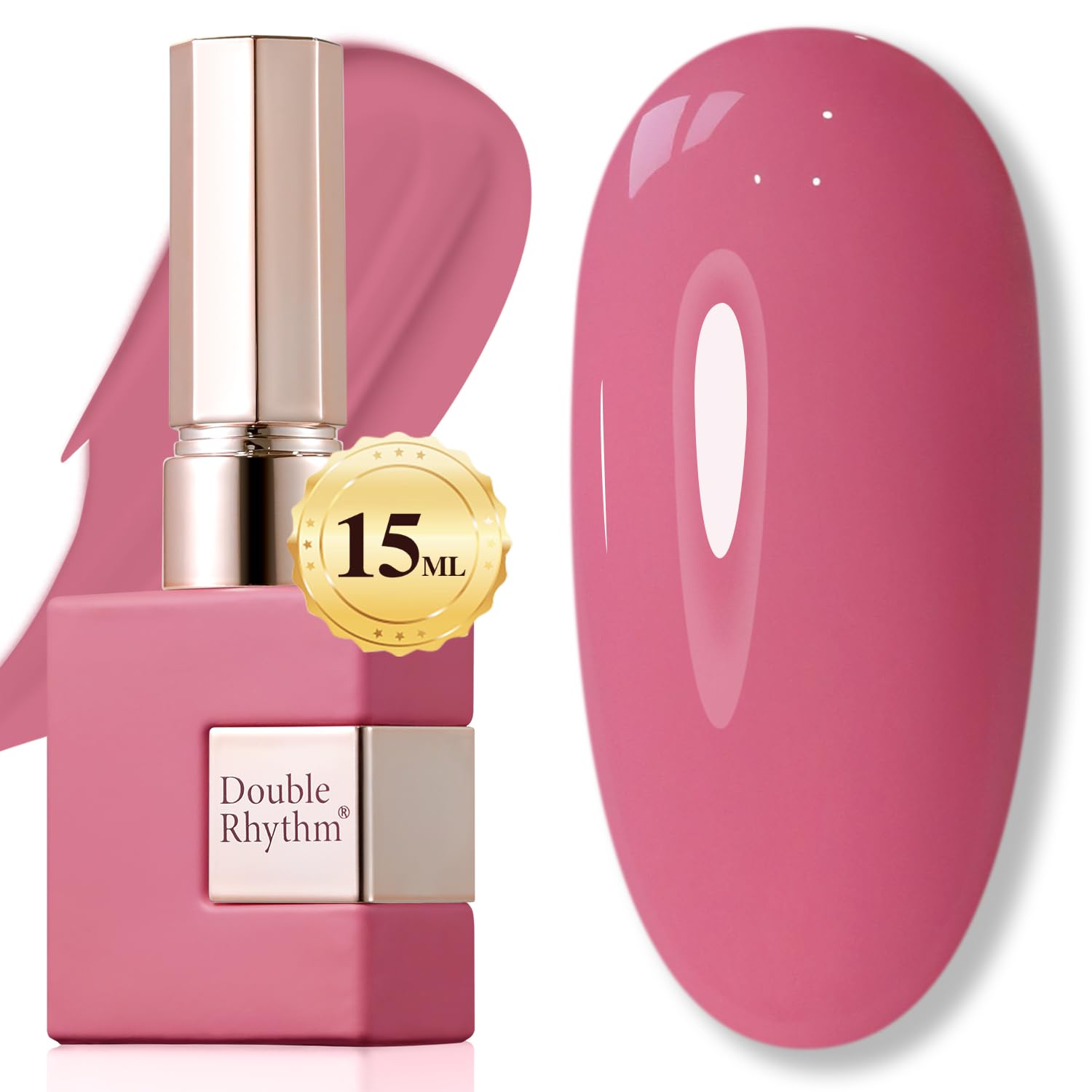 Double Rhythm bottle front view showing rose pink shade and neat label benefits