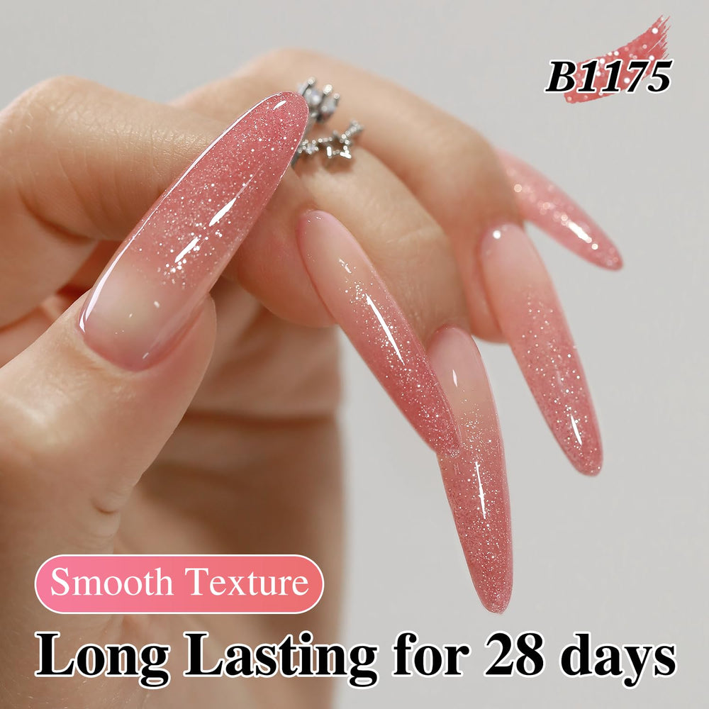 Double Rhythm cured nails under LED lamp showing high-gloss durability benefit