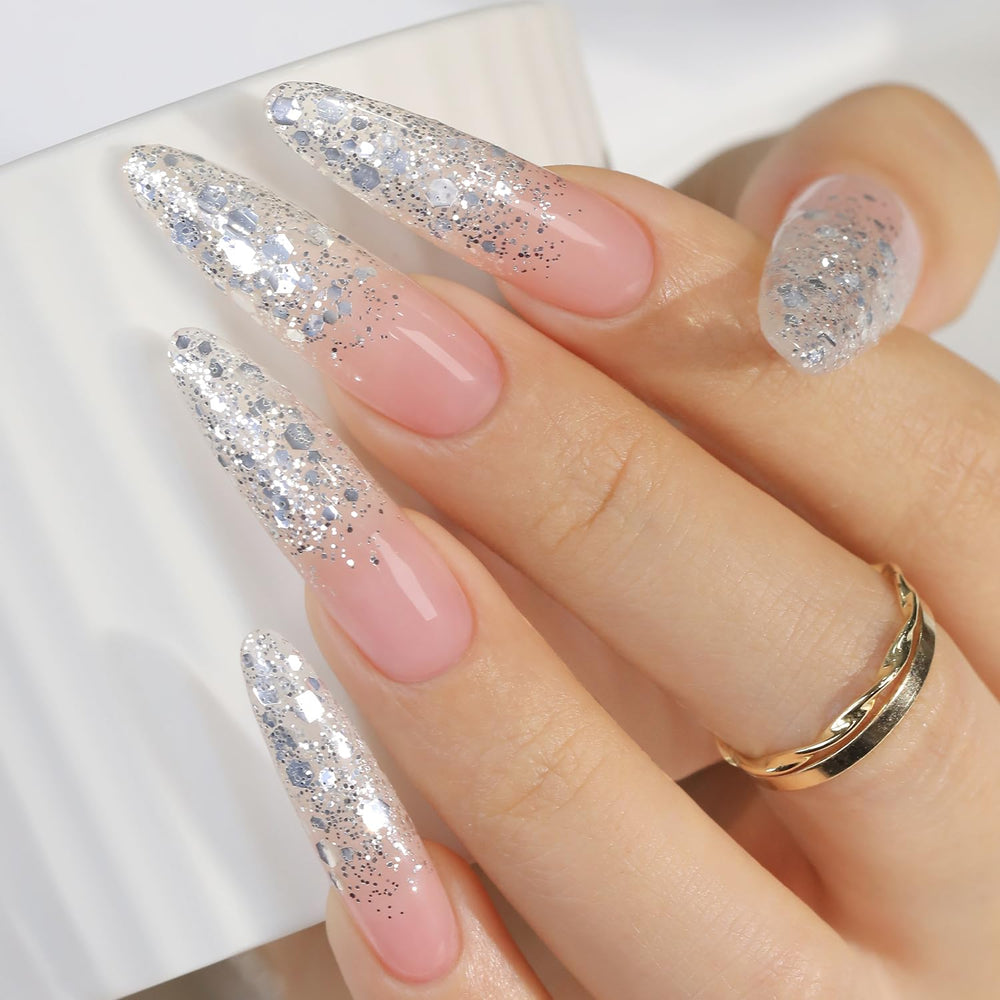 Double Rhythm bottle front view showing silver sequin polish and benefit of compact size