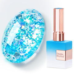 Double Rhythm bottle front view showing Sparkle Blue shimmer and size benefit