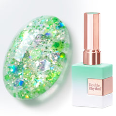 Double Rhythm bottle front view showing sparkle green gel and glossy finish benefit