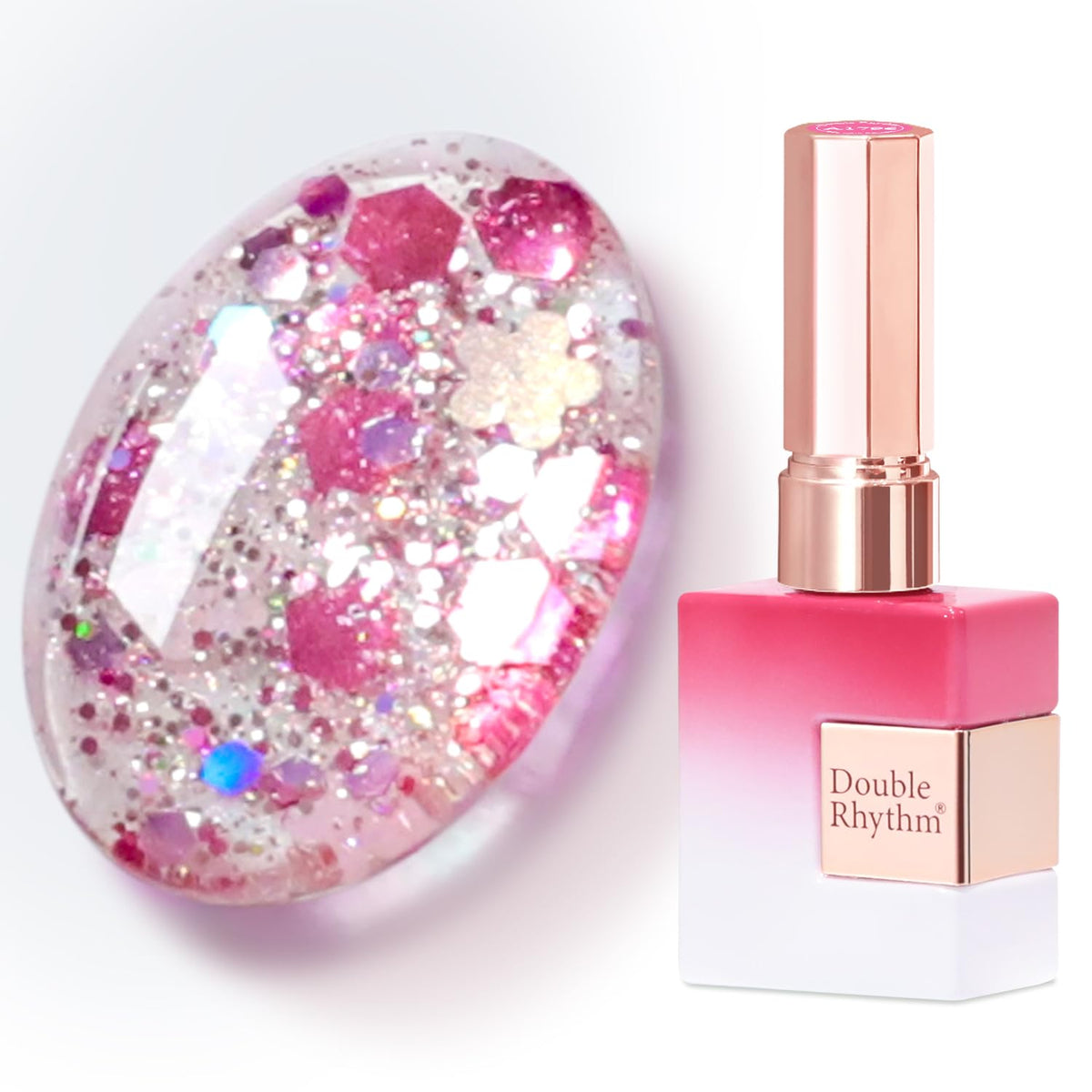 Double Rhythm front bottle showing sparkle magenta finish and clear label, vibrant manicure preview