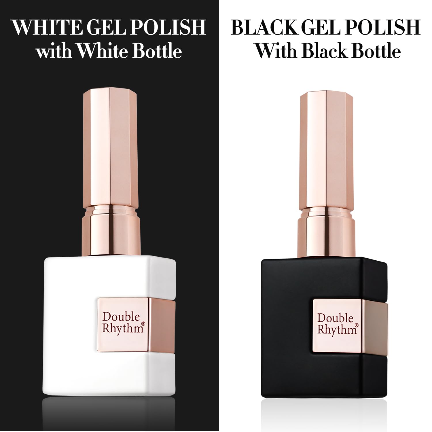 Double Rhythm square bottles with gold-handle brushes, easy-precise application benefit