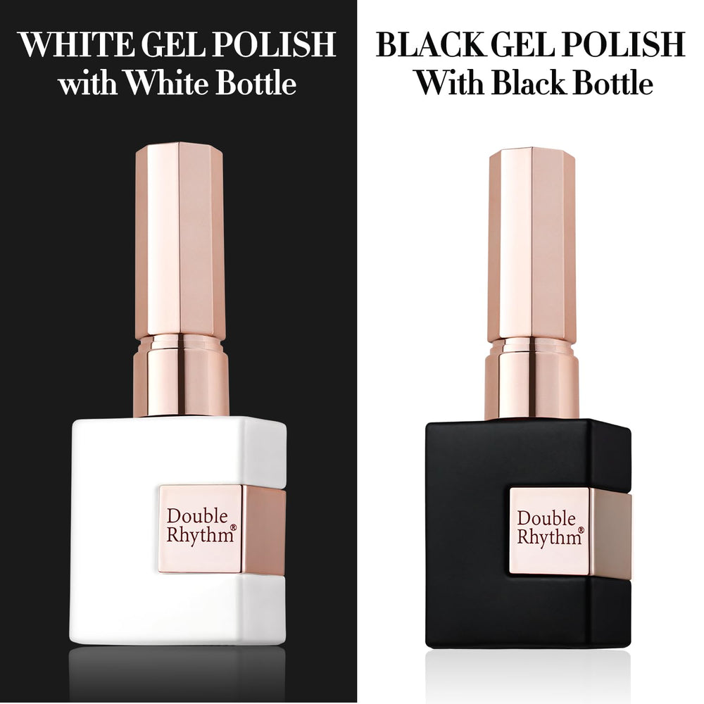 Double Rhythm square bottles with gold-handle brushes, easy-precise application benefit