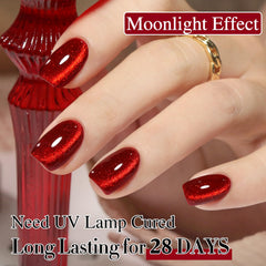 Double Rhythm red glitter swatch on nails demonstrating magnetic shimmer