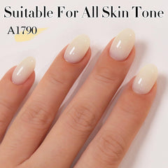 Double Rhythm swatch tips displaying sheer milky beige layers and options