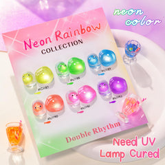 Double Rhythm color swatches fan showing neon holographic shade range
