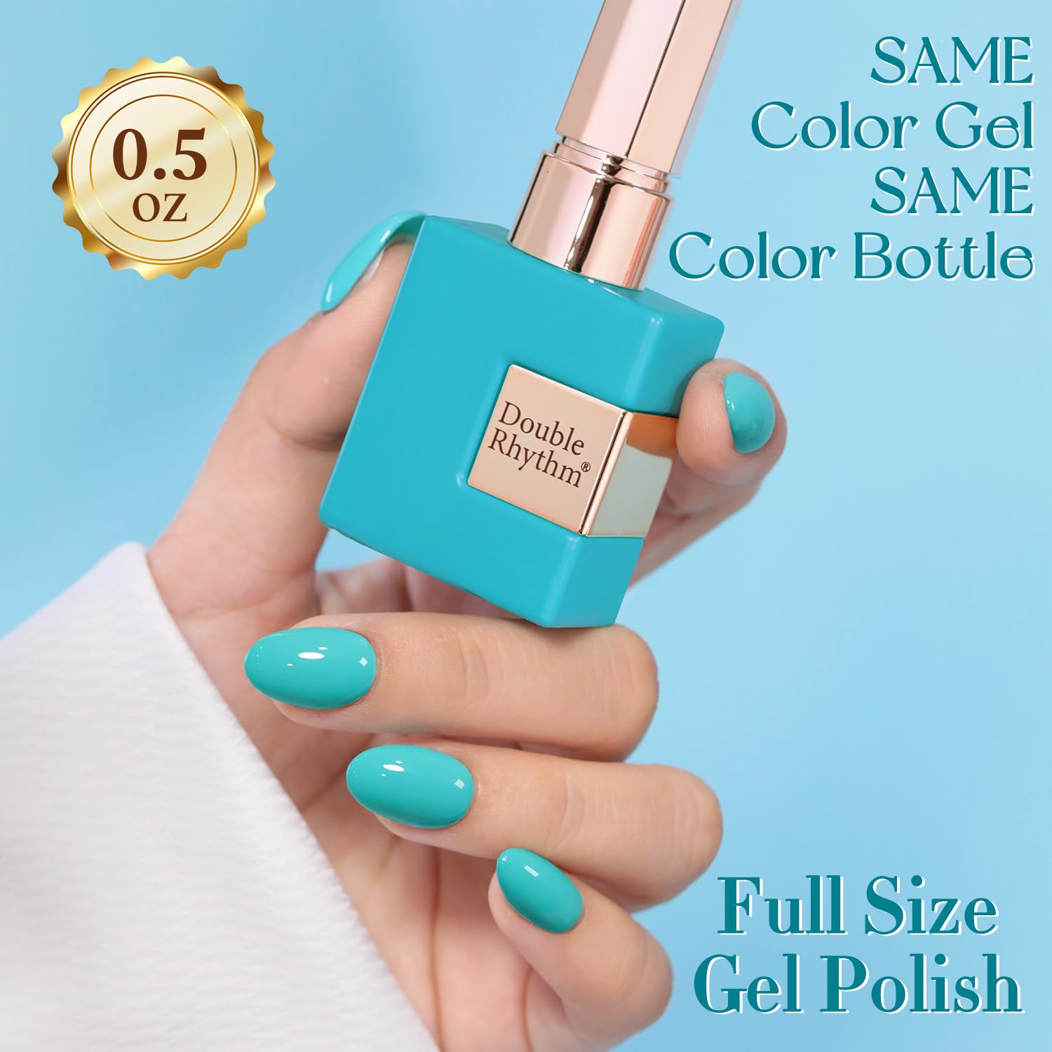Double Rhythm applied on nails showing cured glossy pastel teal finish