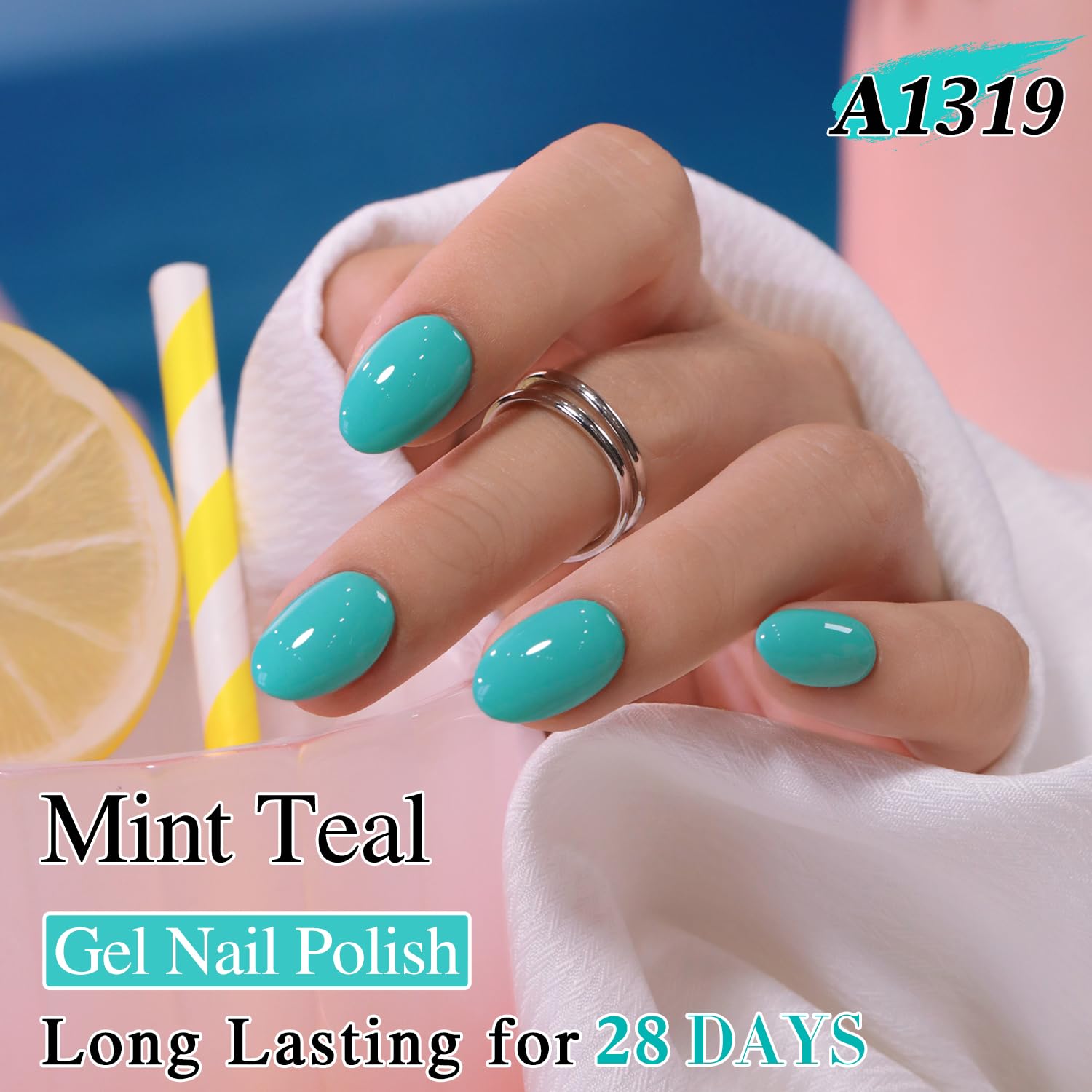 Double Rhythm label close-up highlighting shade code Teal-A1319 and product info