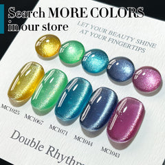 Double Rhythm hand model wearing teal cat-eye nails showing salon-quality finish