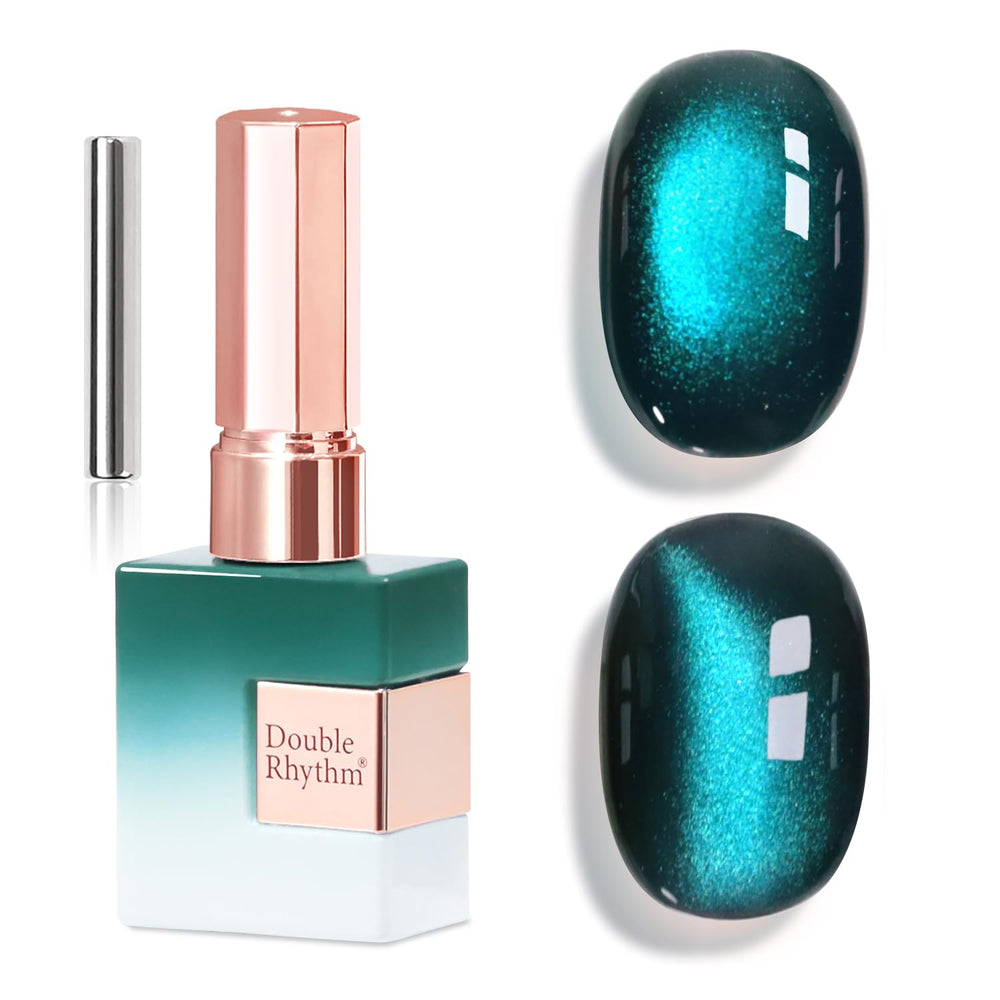 Double Rhythm bottle front view showing teal-turquoise gel and magnet, vibrant cat-eye shimmer