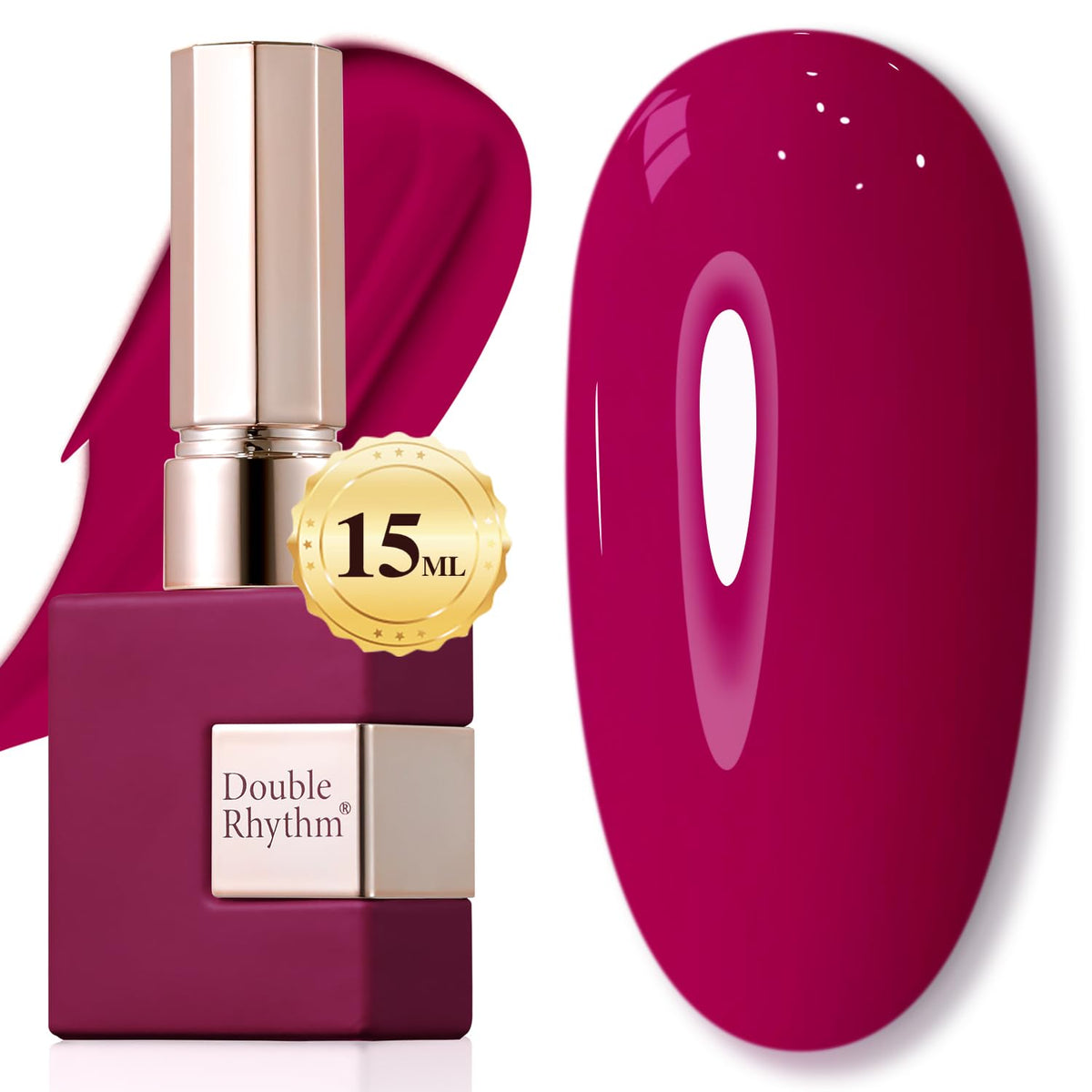 Double Rhythm bottle front view showing wine red polish and glossy finish benefit