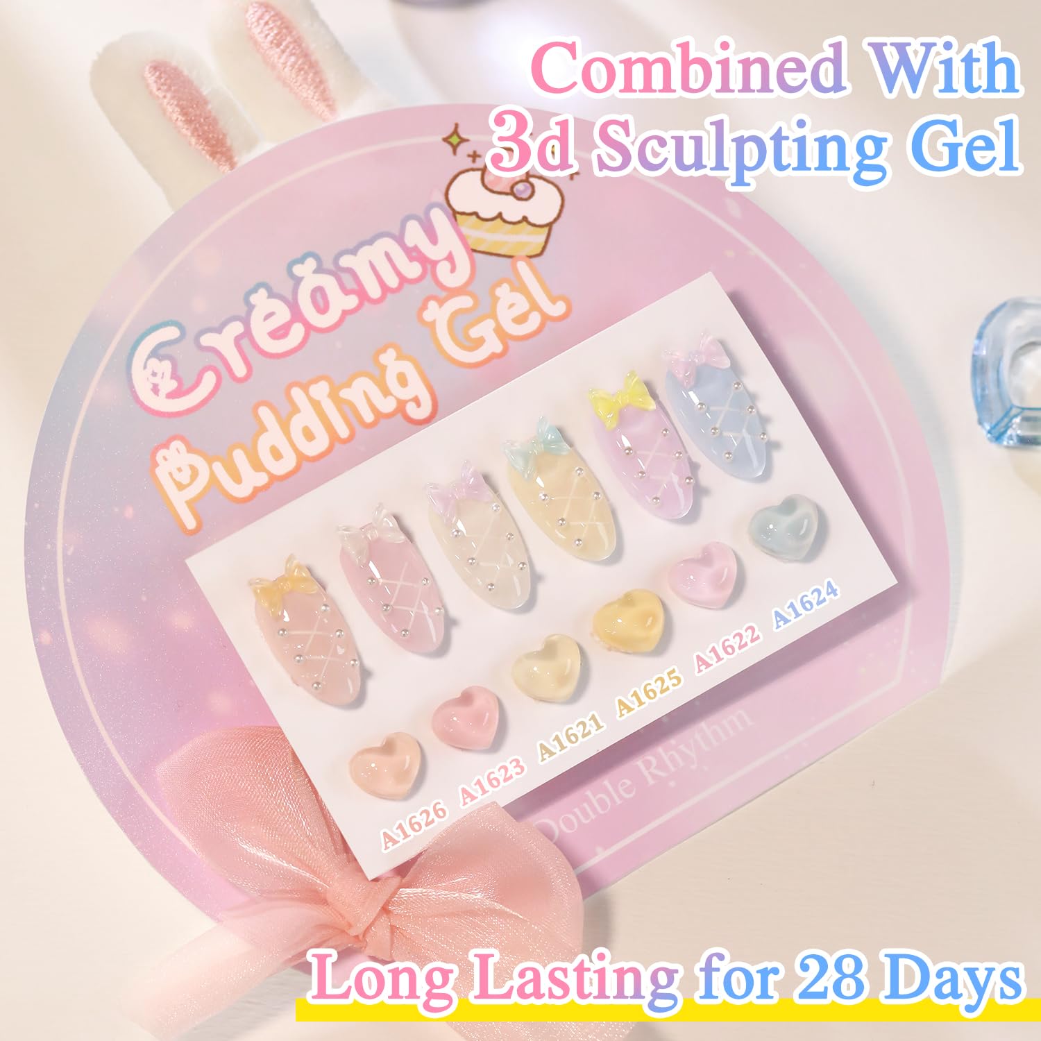 Double Rhythm on hand model illustrating natural milky pastel finish