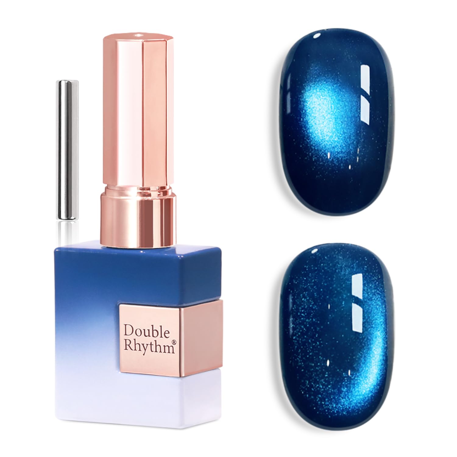 Double Rhythm front packaging showing deep navy bottle and holographic shimmer benefits